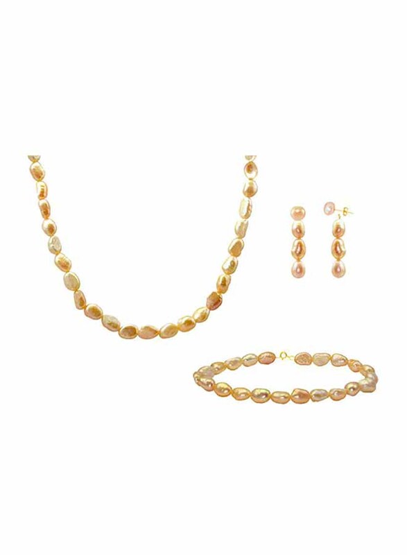 Vera Perla 3-Pieces 10K Gold Jewellery Set for Women, with 37cm Necklace, Bracelet and Earrings, with Pearl Stones, Rose Gold/Yellow