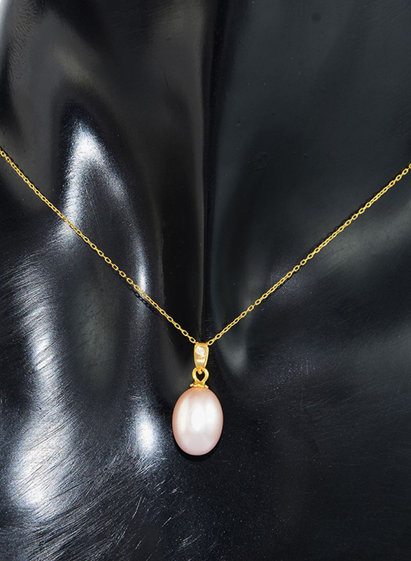 Vera Perla 18K Gold Necklace for Women, with 0.02ct Diamond and Pearl Stone Pendant, Gold/Purple