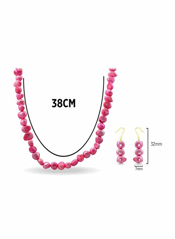 Vera Perla 2-Pieces 10K Gold Strand Jewellery Set for Women, with 38cm Necklace and Earrings, with Pearl Stones, Pink