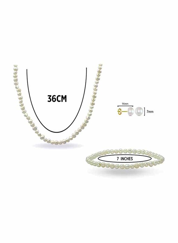 Vera Perla 3-Pieces 10K Gold Jewellery Set for Women, with 36cm Necklace, Bracelet and 7mm Earrings, with Pearl Stones, White