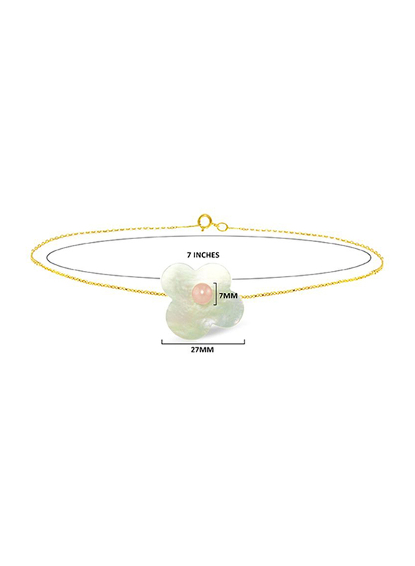 Vera Perla 18K Solid Yellow Gold Chain Bracelet for Women, with Flower Shape Mother of Pearl and 7mm Freshwater Pearl Stone, Gold/Jade/Pink