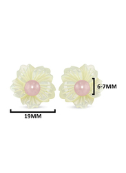 Vera Perla 18K Solid Yellow Gold Screw Back Earrings for Women, with 19mm Flower Shape Mother of Pearl and 6-7mm Pearl Stone, White/Gold/Pink
