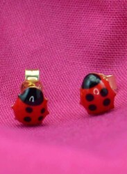 Vera Perla 18K Solid Gold Beetle Stud Earrings for Women, Red/Black