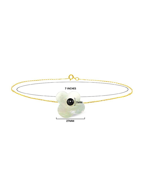 Vera Perla 18K Solid Yellow Gold Chain Bracelet for Women, with Flower Shape Mother of Pearl and 7mm Pearl Stone, Gold/Jade/Black