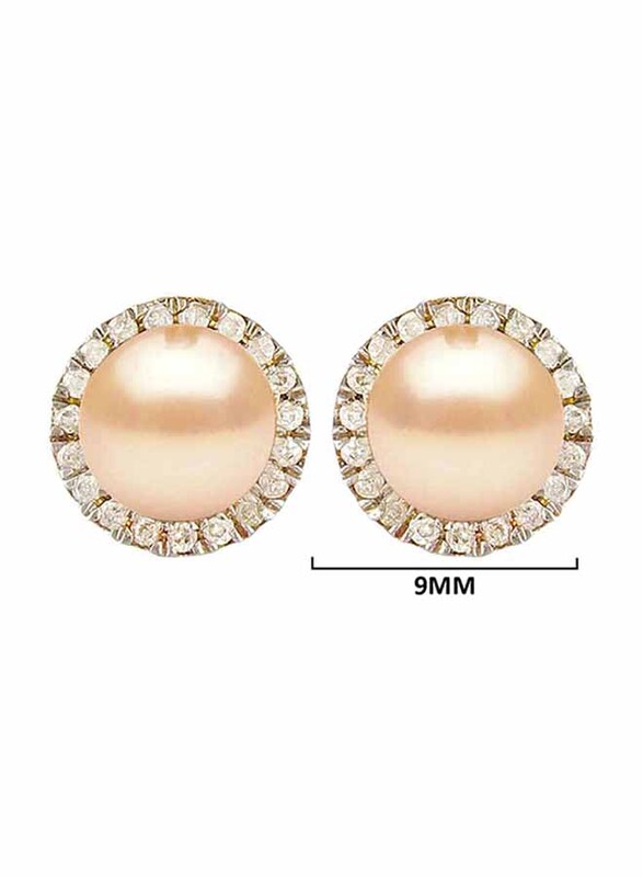 Vera Perla 18K Solid Gold Stud Earrings for Women, with 0.20 Carat Diamonds and 6-7 mm Pearl Stone, Pink/Gold