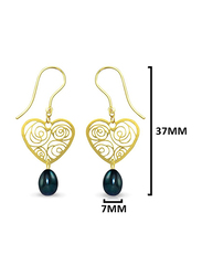 Vera Perla 18K Solid Yellow Gold Heart Dangle Earrings for Women, with 7mm Drop Pearl Stone, Blue/Gold