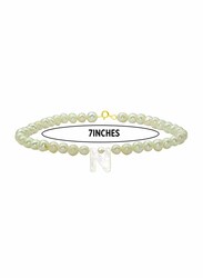 Vera Perla 18K Gold Strand Beaded Bracelet for Women, with Letter N Mother of Pearl and Pearl Stone, White