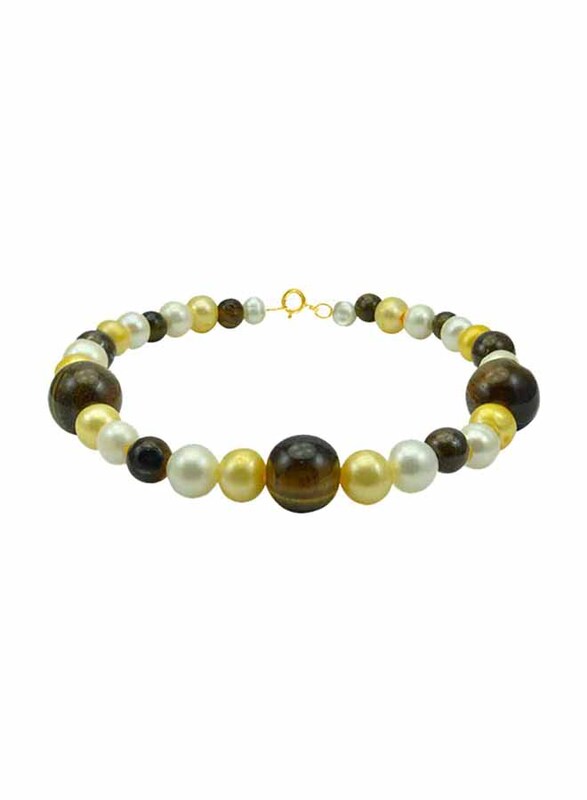 Vera Perla 10k Solid Yellow Gold Beaded Bracelet for Women, with Pearl and Tiger Eye Stone, Brown/Yellow/White