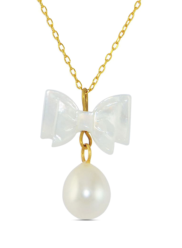 Vera Perla 18K Gold Necklace for Women, with 7mm Pearl and Bow Mother of Pearl Pendant, Gold/White