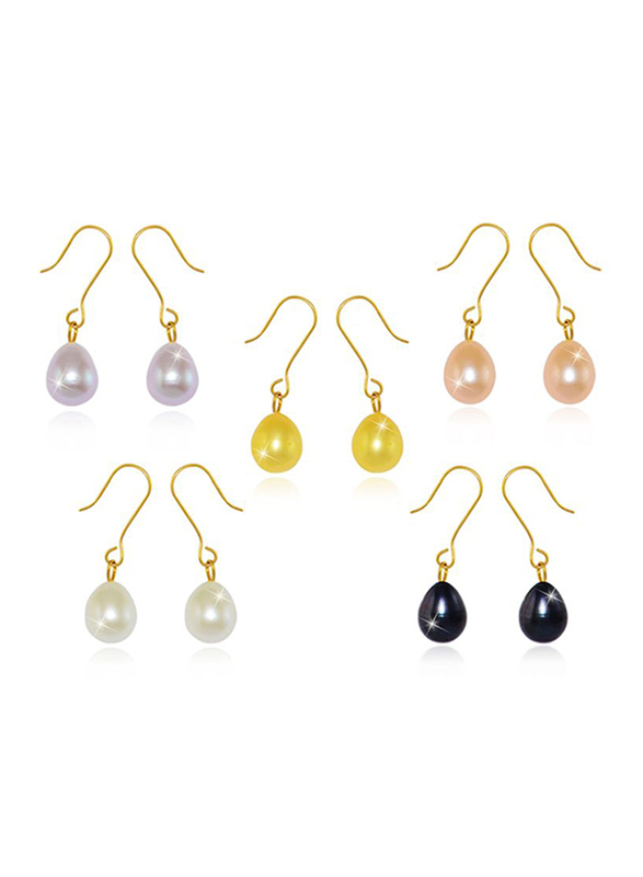 Vera Perla 5-Pieces 18K Gold Dangle Earrings Set for Women, with Pearl Stone, Gold/White/Yellow/Black/Pink/Purple