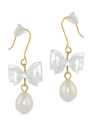 Vera Perla 10K Gold Dangle Earrings for Women, with Bow Shape Mother of Pearl and Pearl Stone, White/Gold
