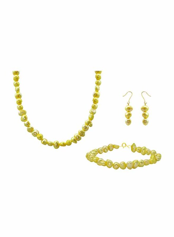فيرا بيرلا طقم مجوهرات من الذهب عيار 10 قيراط للنساء مكون من سلسال و سوار وأقراط، مع حجر اللؤلؤ، أصفر