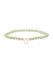 Vera Perla Elastic Stretch Bracelet for Women, with Letter U Mother of Pearl and Pearl Stone, White