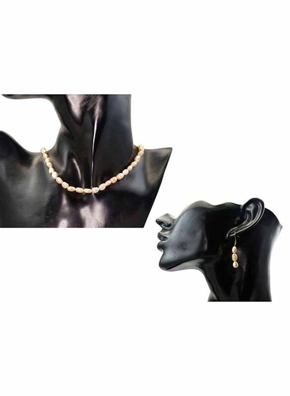 Vera Perla 2-Pieces 18K Gold Strand Jewellery Set for Women, with Necklace and Earrings, with Pearl Stones, Beige