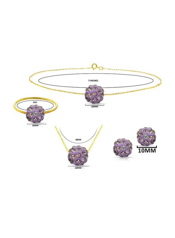 Vera Perla 4-Pieces 10K Solid Gold Earring, Bracelet, Ring and Necklace Set for Women, with 10 mm Crystal Ball, Light Purple/Gold