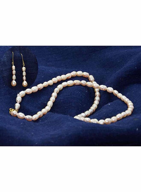 Vera Perla 2-Pieces 18K Gold Strand Jewellery Set for Women, with Necklace and Earrings, with Pearl Stones, Off White