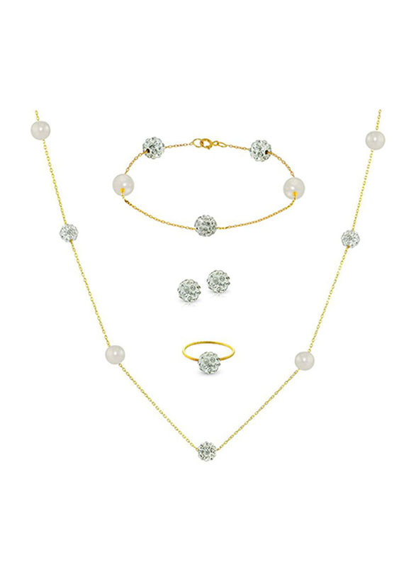 Vera Perla 4-Pieces 18K Solid Gold Jewellery Set for Women, with Necklace, Ring, Bracelet and Earrings, with Built-in Gradual Crystal Ball and Pearls Stone, White/Clear