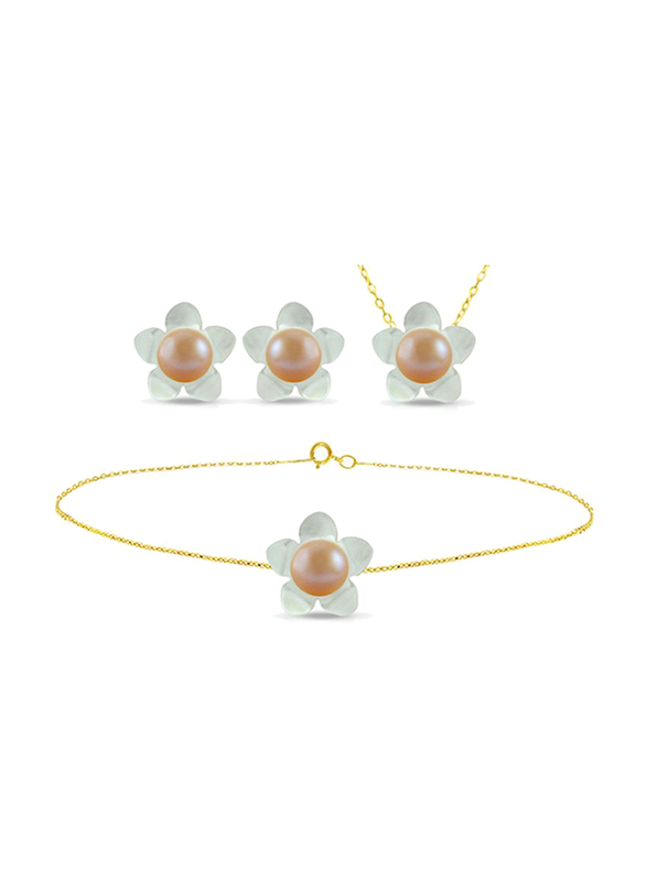 Vera Perla 3-Pieces 18K Solid Yellow Gold Jewellery Set for Women, with Necklace, Bracelet and Earrings, with 13mm Mother of Pearl Flower Shape and 7mm Pearl Stones, Gold/Jade/Beige
