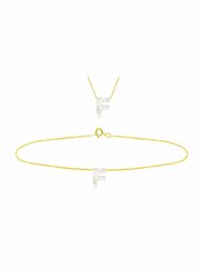 Vera Perla 2-Pieces 18k Yellow Gold F Letter Jewellery Set for Women, with Necklace and Earrings, with Mother of Pearl Stone, Gold/White