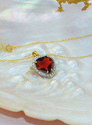 Vera Perla 18K Gold Necklaces for Women, with 0.14ct Genuine Heart Diamonds and Genuine Garnet Pendant, Gold/Red