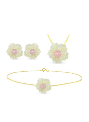 Vera Perla 3-Pieces 18K Solid Yellow Gold Pendant Necklace, Bracelet and Earrings Set for Women, with 19mm Flower Shape Mother of Pearl and 6-7mm Pearl, White/Gold/Pink
