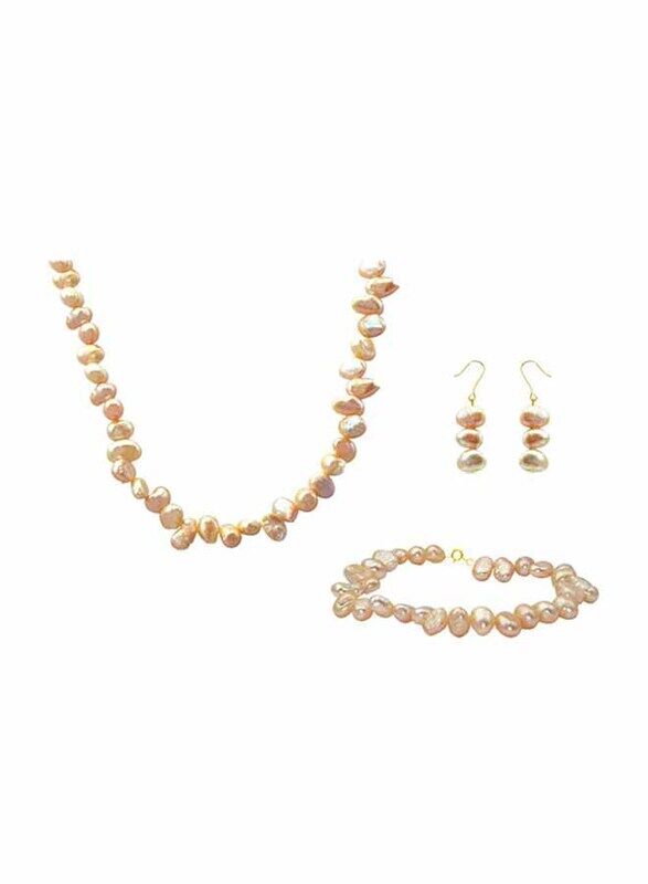 

Vera Perla 3-Pieces 10K Gold Strand Jewellery Set for Women, with 35cm Necklace, Bracelet and Earrings, with Pearl Stones, Rose Gold