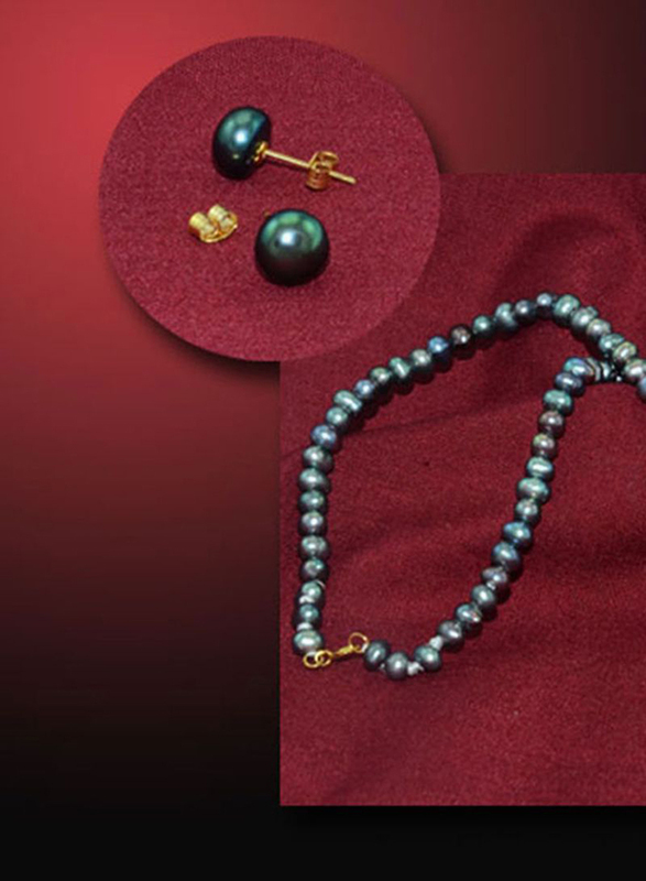 Vera Perla 2-Pieces 18K Gold Jewellery Set for Women, with Necklace & Earrings, with Pearl Stone, Black