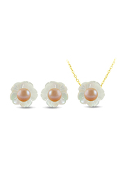 Vera Perla 2-Pieces 18K Solid Yellow Gold Jewellery Set for Women, with Necklace and Earrings, with Mother of Pearl Shell and 4mm Pearl Stones, White/Beige