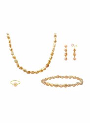 Vera Perla 4-Pieces 18K Gold Strand Jewellery Set for Women, with Necklace, Bracelet, Earrings and Ring, with Pearl Stones, Gold
