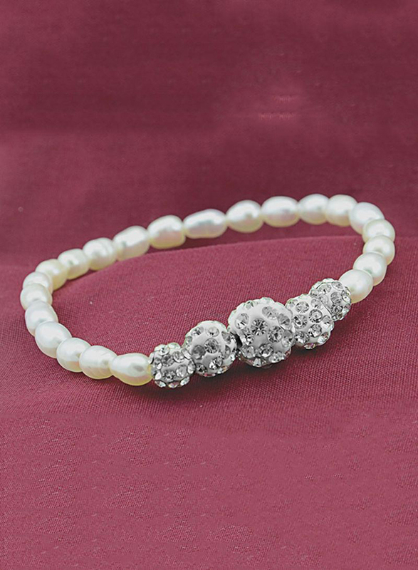 Vera Perla Pearl Elastic Stretch Bracelet for Women, with Gradual Crystal Ball and Pearl Stone, White