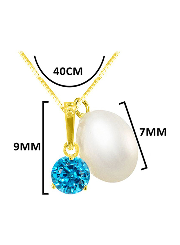 Vera Perla 18K Solid Yellow Gold Necklace for Women, with Zircon and 7 mm Pearl Stone Pendant, Blue/Gold/White