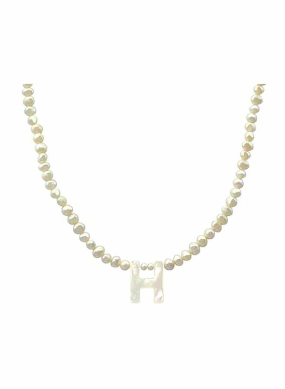 Vera Perla 18K Gold Strand Pendant Necklace for Women, with Letter H and Mother of Pearl Stones, White