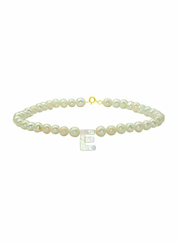 Vera Perla 18K Gold Strand Beaded Bracelet for Women, with Letter E Mother of Pearl and Pearl Stone, White