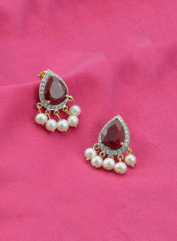 Vera Perla 18K Gold Drop Earrings for Women, with 0.24 ct Genuine Diamonds and Royal Indian Ruby Stone, Red/White