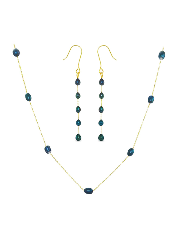 Vera Perla 2-Piece 10K Gold Jewellery Set for Women, with Pearls Stone, Necklace and Earrings, Gold/Black