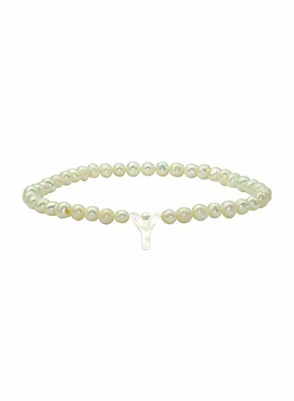 Vera Perla Elastic Stretch Bracelet for Women, with Letter Y Mother of Pearl and Pearl Stone, White