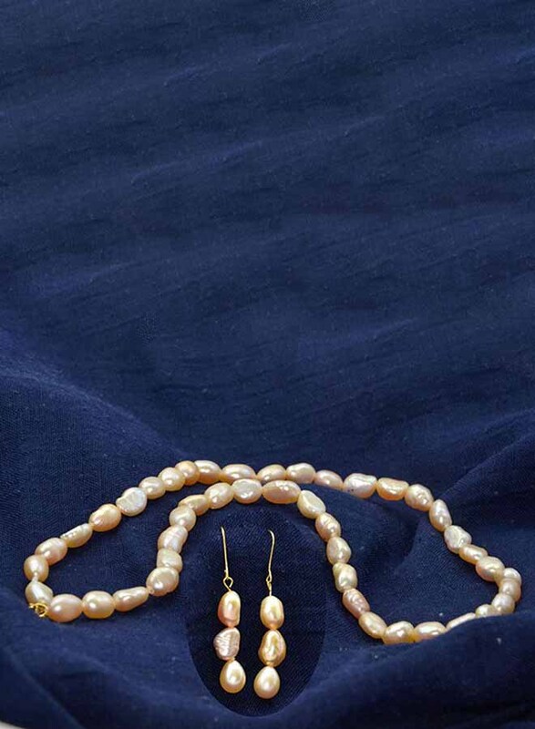 Vera Perla 2-Pieces 18K Gold Strand Jewellery Set for Women, with Necklace and Earrings, with Pearl Stones, Beige