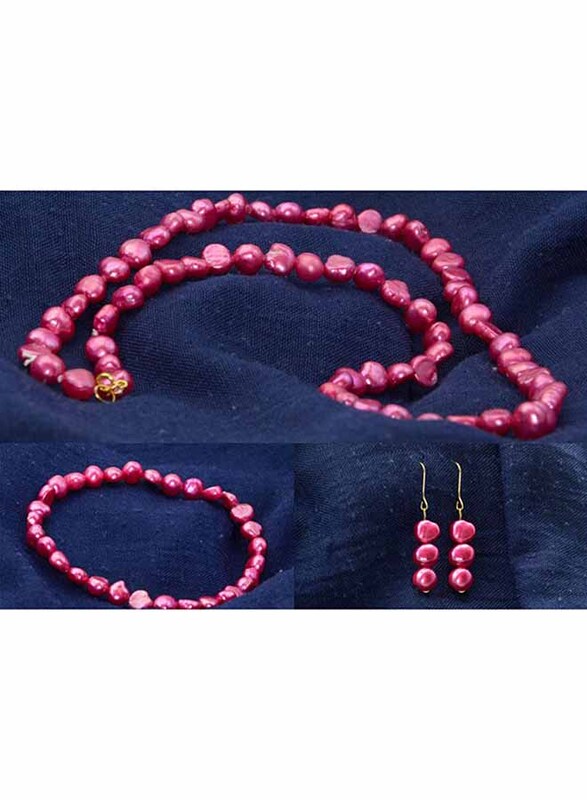 Vera Perla 3-Pieces 10K Gold Jewellery Set for Women, with 41cm Necklace, Bracelet and Earrings, with Pearl Stones, Pink