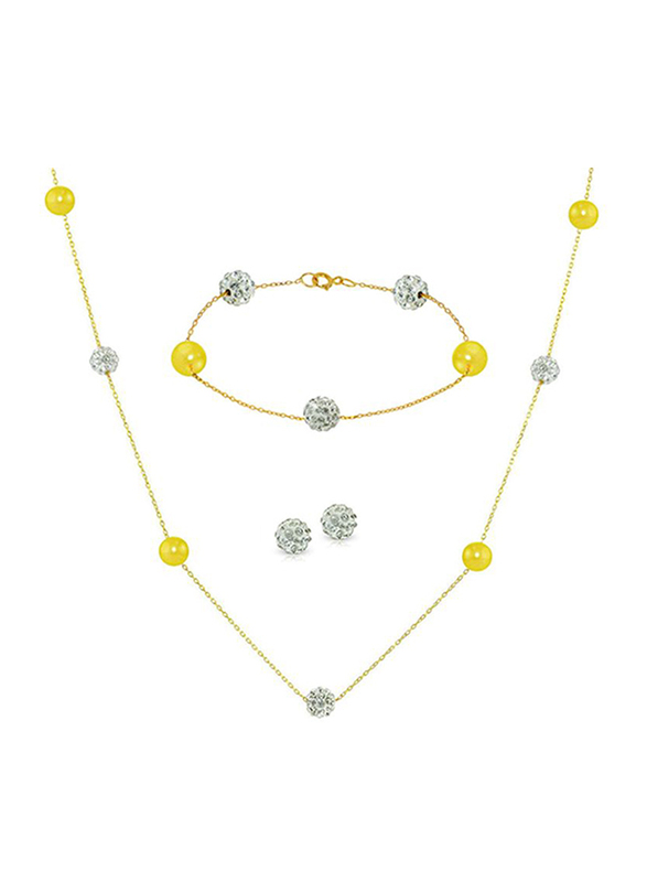 Vera Perla 3-Pieces 18K Solid Gold Jewellery Set for Women, with Necklace, Bracelet and Earrings, with Built-in Gradual Crystal Ball and Pearls Stone, Yellow/Clear