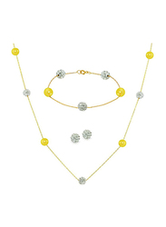 Vera Perla 3-Pieces 18K Solid Gold Jewellery Set for Women, with Necklace, Bracelet and Earrings, with Built-in Gradual Crystal Ball and Pearls Stone, Yellow/Clear