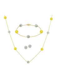 Vera Perla 3-Pieces 18K Solid Gold Jewellery Set for Women, with Necklace, Bracelet and Earrings, with Built-in Gradual Crystal Ball and Pearls Stone, Yellow/Clear