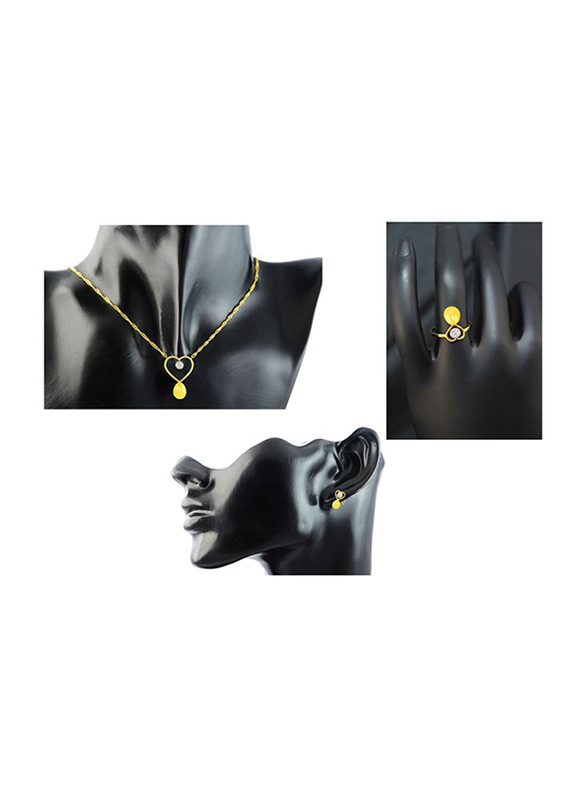 Vera Perla 3-Pieces 18k Gold Solitaire Heart Jewellery Set for Women, with Necklace, Bracelet and Earrings, with Genuine Diamond and Pearl, Yellow