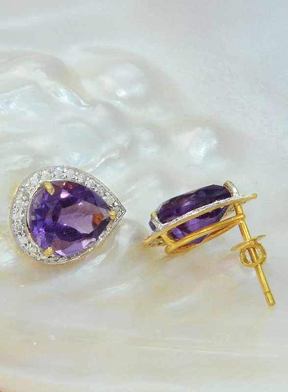 Vera Perla 18K Gold Stud Earrings for Women, with 0.24 ct Genuine Diamond and Drop Cut Amethyst Stone, Purple/Clear