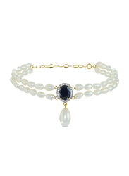 Vera Perla 18K Gold Beaded Bracelet for Women, with 0.12ct Diamonds Oval Sapphire and Pearl Stone, Blue/White