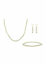 Vera Perla 3-Pieces 10K Gold Jewellery Set for Women, with Necklace, Bracelet and Hoop Earrings, with Pearl Stones, White