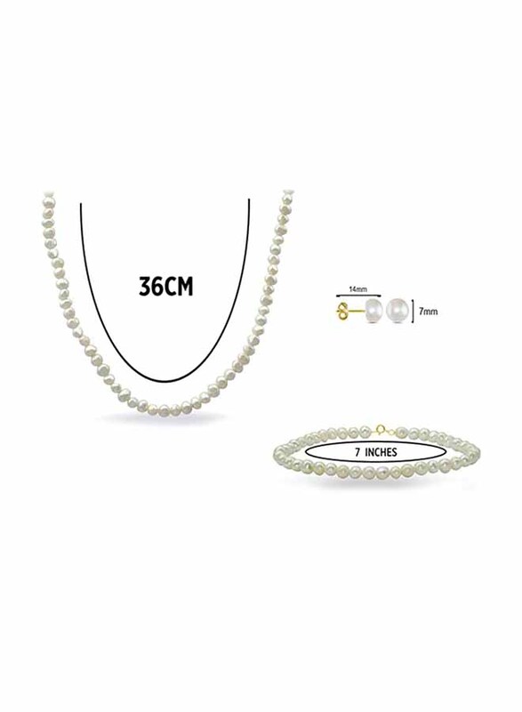 Vera Perla 3-Pieces 18K Gold Jewellery Set for Women, with Necklace, Lobster Bracelet and Earrings, with Pearl Stones, White