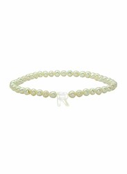 Vera Perla Elastic Stretch Bracelet for Women, with Letter R Mother of Pearl and Pearl Stone, White
