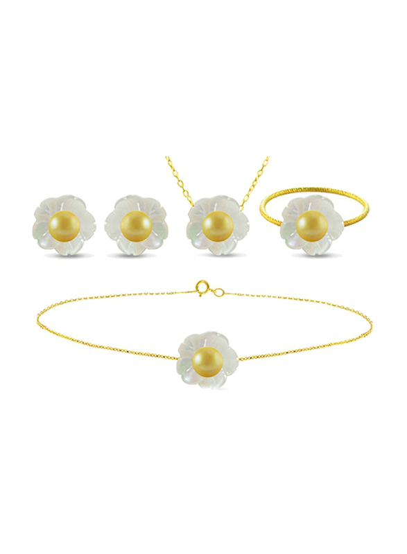 Vera Perla 4-Pieces 18K Solid Yellow Gold Jewellery Set for Women, with Necklace, Bracelet, Earrings and Ring, with Mother of Pearl Shell and 4mm Pearl Stones, White/Yellow