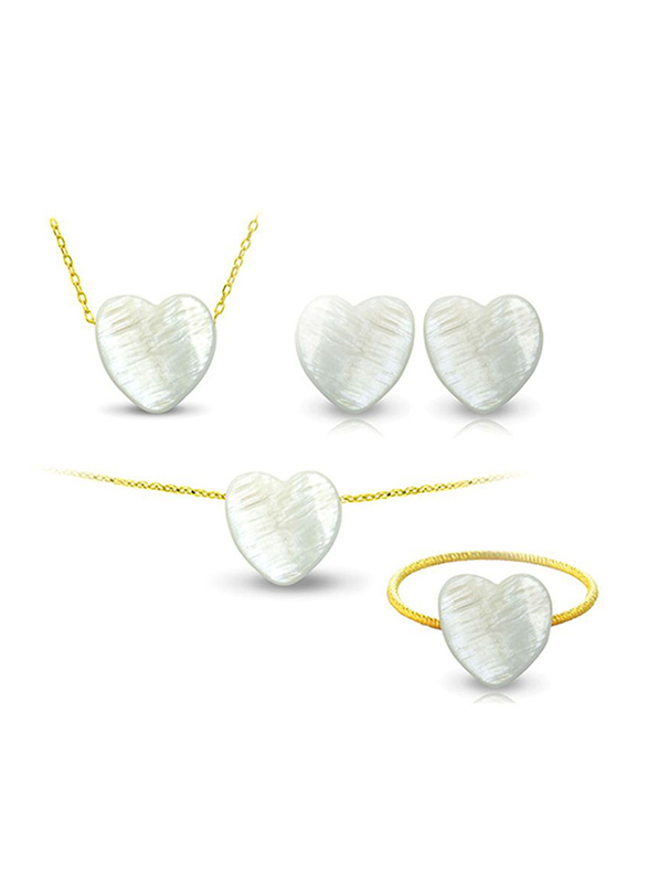 Vera Perla 3-Pieces 18K Gold Jewellery Set for Women, with Necklace, Earrings, Bracelet and Ring, with Heart Shape Mother of Pearl Stone, White/Gold