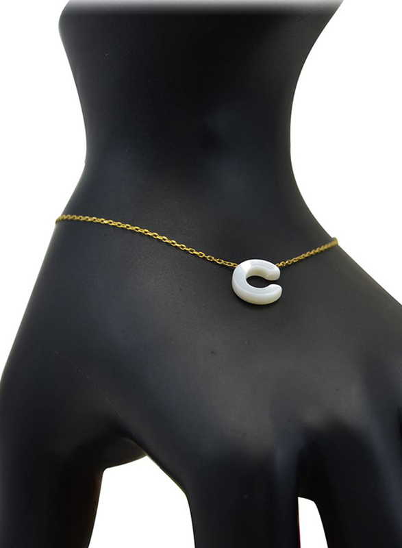 Vera Perla 18K Gold Charm Bracelet for Women, with C Letter Mother of Pearl Stone, Gold/White